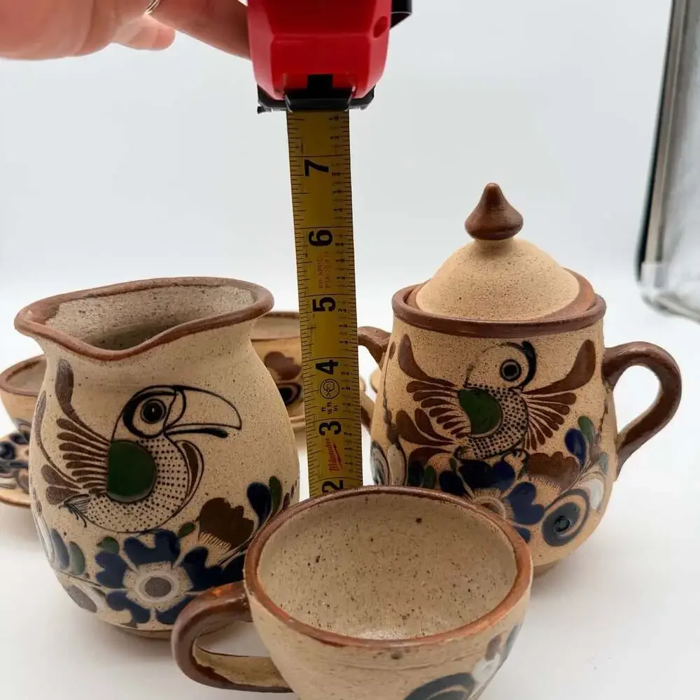 Tonala Pottery Tea Set Hand-Painted Bird Floral Mexican Folk Art